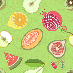 seamless fruit pattern on green background with ornament.vector illustration