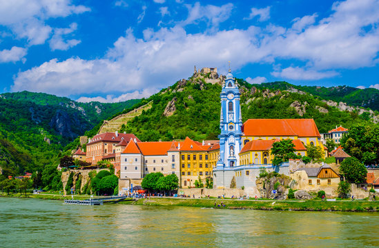 The medieval town of Durnstein along the Danube River in the picturesque Wachau Valley, a UNESCO World Heritage Site, in Lower Austria