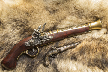 Fototapeta premium antique decorative gun on natural skin a wild Wolf