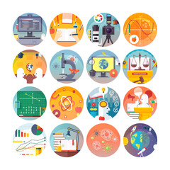 Education and science flat circle icons set.  Subjects and science disciplines. Vector icon collection. 