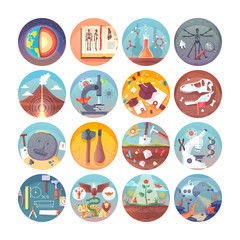 Education and science flat circle icons set.  Subjects and science disciplines. Vector icon collection. 