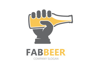 Vector hand with beer bottle logo design template. Beer brewery logo. Pub and bar logo design. Vector logo template. 