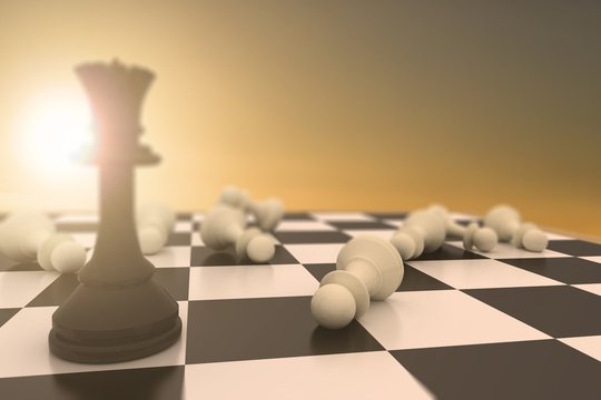 Composite image of black queen standing with fallen white pawns