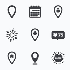 Map pointer icons. Home, food and user location.