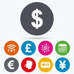 Dollar, Euro, Pound and Yen currency icons.