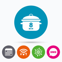 Boil 8 minutes. Cooking pan sign icon. Stew food