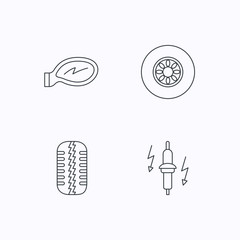 Wheel, car mirror and spark plug icons.