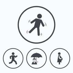 Businessman with umbrella. Human running symbol.