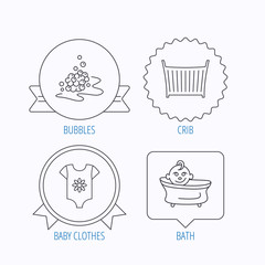 Baby clothes, bath and crib icons.