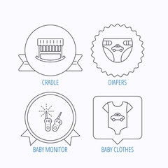 Newborn clothes, diapers and sleep cradle icons.