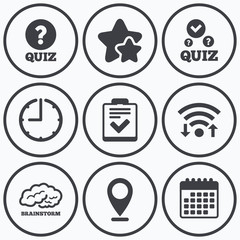 Quiz icons. Checklist and human brain symbols.