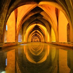 Royal baths at the Alcazar of Sevilla, Spain with reflections