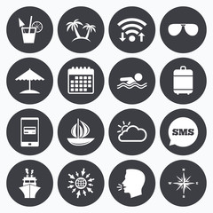 Cruise trip, ship and yacht icons. Travel signs.