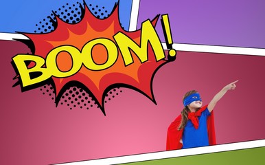 Composite image of masked girl pretending to be superhero