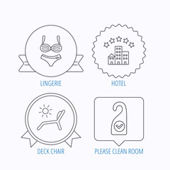 Fototapeta premium Hotel, lingerie and beach deck chair icons.