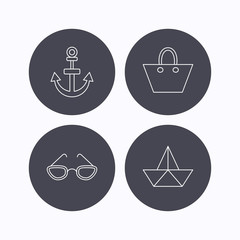 Paper boat, anchor and glasses icons.