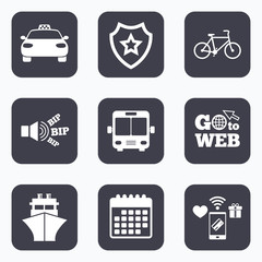 Transport icons. Taxi car, Bicycle, Bus and Ship