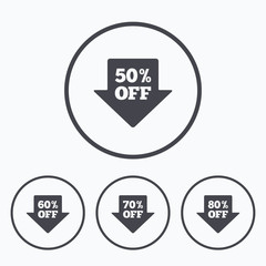 Sale arrow tag icons. Discount off symbols.