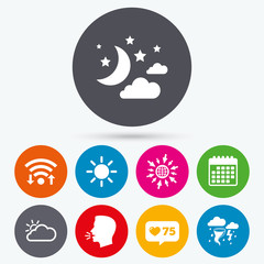 Cloud and sun icon. Storm symbol. Moon and stars