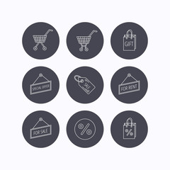 Shopping cart, gift bag and sale coupon icons.