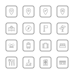 gray line travel icon set with rounded rectangle frame for web design, user interface (UI), infographic and mobile application (apps)