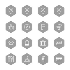 line travel icon set on gray hexagon for web design, user interface (UI), infographic and mobile application (apps)