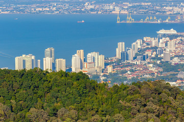 Top view of Georgetown, capital of Penang Island, Malaysia from top of Penang hill.