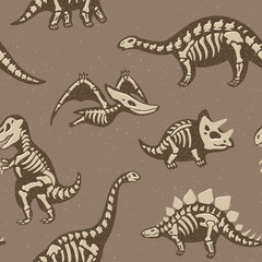 Adorable seamless pattern with funny dinosaur skeletons in cartoon style