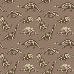 Adorable seamless pattern with funny dinosaur skeletons in cartoon style