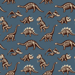 Adorable seamless pattern with funny dinosaur skeletons in cartoon style © penguin_house