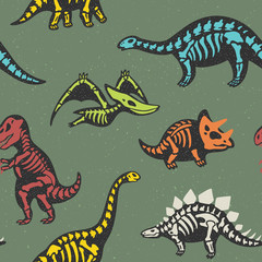 Adorable seamless pattern with funny dinosaur skeletons in cartoon style