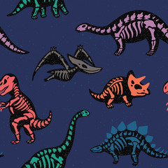 Adorable seamless pattern with funny dinosaur skeletons in cartoon style