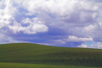 Rolling Farm Fields Under a Cloudy Sky