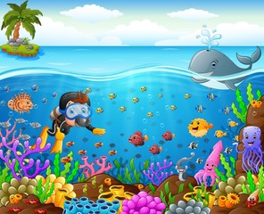 Naklejka na ściany i meble Cartoon diver under the sea