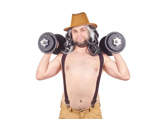 man in hat with dumbbells