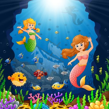 Cartoon mermaid under the sea