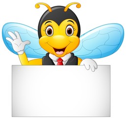Cartoon bee hold blank sign