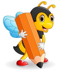 Bee cartoon holding brown pencil