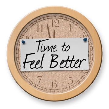 Time to Feel Better text on clock bulletin board sign