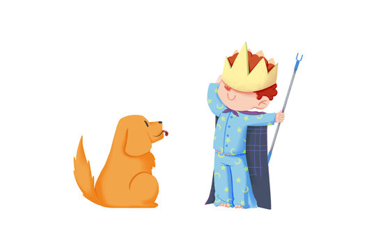 Creative Illustration and Innovative Art: Boy Pretends King in front of His Dog isolated on White Background. Realistic Fantastic Cartoon Style Artwork Scene, Wallpaper, Story Background, Card Design