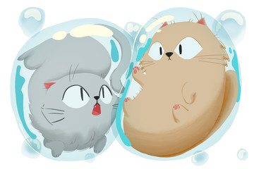 Creative Illustration and Innovative Art: Cats Playing in the Bubble. Realistic Fantastic Cartoon Style Artwork Scene, Wallpaper, Story Background, Card Design

