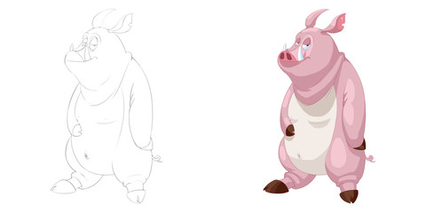 Creative Illustration and Innovative Art: Animal Set: The Sketch Line Art and Coloring Book: Fat Pig Hero. Realistic Fantastic Cartoon Style Artwork Scene, Wallpaper, Story Background, Card Design