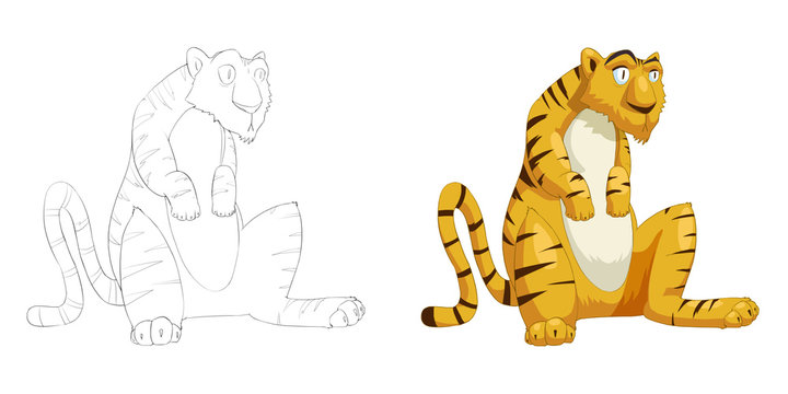 Creative Illustration and Innovative Art: Animal Set: The Sketch Line Art and Coloring Book: Silly Tiger Sit. Realistic Fantastic Cartoon Style Artwork Scene, Wallpaper, Story Background, Card Design