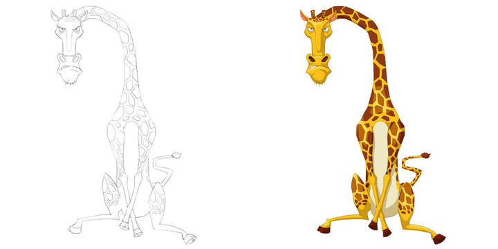 Creative Illustration and Innovative Art: Animal Set: The Sketch Line Art and Coloring Book: Angry Giraffe. Realistic Fantastic Cartoon Style Artwork Scene, Wallpaper, Story Background, Card Design
