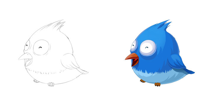 Creative Illustration and Innovative Art: Animal Set: Sketch Line Art and Coloring Book: Smiling Cute Fat Bird.Realistic Fantastic Cartoon Style Artwork Scene, Wallpaper, Story Background, Card Design