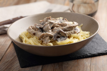 Beef Stroganoff with mushrooms and pasta