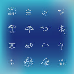 Summer icon set. Hand drawn vector line icons for website design, printed products of travel company. Weather at seaside. Beach: sunny, cloudy, windy, rain, hot. Parasol, waves, umbrella, straw hat
