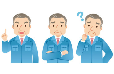 作業着の中年男性　社長　表情セット