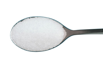 Spoonful of white sugar isolated on white background