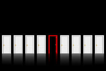 Open Red Door in Row of White Doors on Black Background with space for text - 3D Illustration